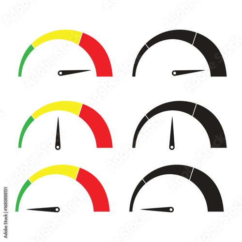 A series of flat cartoon speedometer, odometer and tachometer illustration designs on a white background.