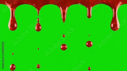 4K Video red liquid dripping down isolated green screen background