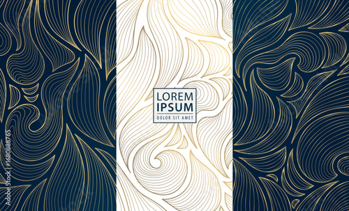 Vector set of abstract line gold leaf patterns, floral plant flower luxury cards, elegant covers and backgrounds. Modern wave fancy jungle graphic, package design, wine, perfume, cosmetic design.