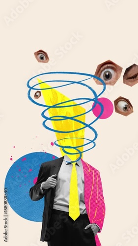 Modern ad video. Thinking Spiral. Doodle spiral of thought, as eyes, leads over head of businessman against beige background. Concept of self-reflection, abstract brain, meditation, burnout.