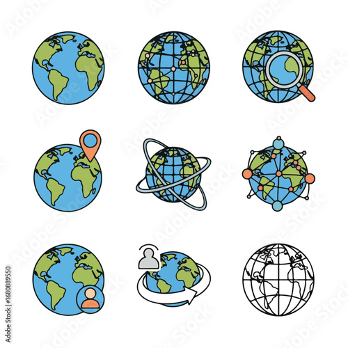 Collection of hand drawn earth globes illustrating global concepts and connectivity