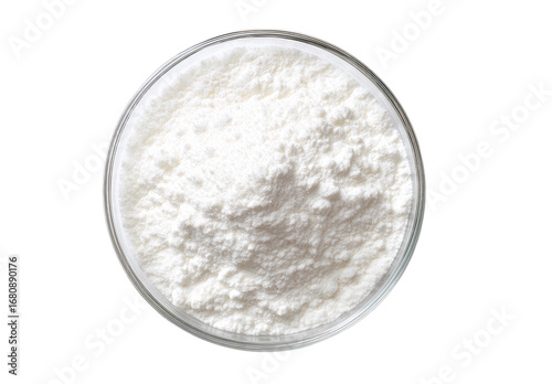 Round glass bowl filled with white powder