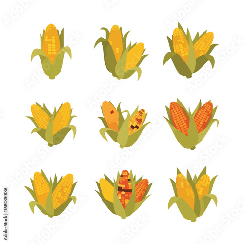 Collection of nine cute cartoon corn on the cob characters with happy faces and green husks