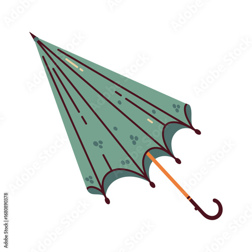 Folded green umbrella, vector illustration. Equipment for protection from rain, bad weather, monsoon, heat. Classic seasonal accessory, portable gear. Hand drawn clip art, cartoon isolated doodle