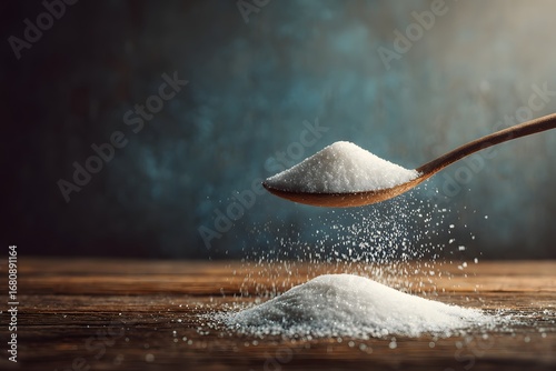 Spoonful of Sugar Falling onto Wooden Surface with Dark Background Lighting