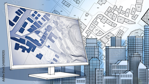 LIVING IN A CONDOMINIUM - RESIDENTIAL APARTMENT BUILDING CONCEPT with a generic city map in the background, ideal for urban planning, architecture, or real estate concepts.