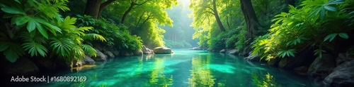 Serene Jungle River Sunlight Dapples Crystal-Clear Waters, Lush Foliage Creates Vibrant Tropical Paradise, Perfect for Travel and Adventure Stock Photos