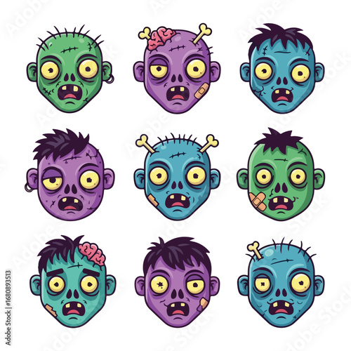 Collection of nine cartoon zombie faces with different expressions and colors for halloween
