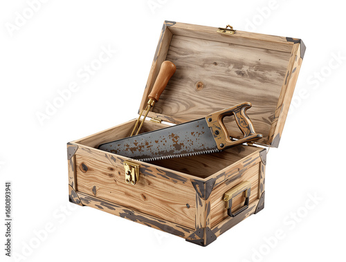 Isolated image showing a weathered wooden toolbox opened, with a rusted hand saw and generic tools inside, set against a transparent background.