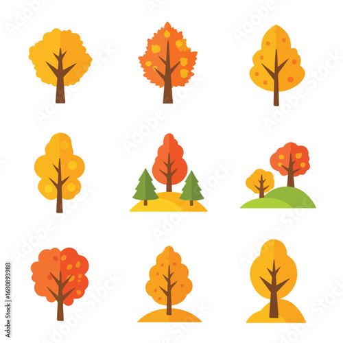 Collection of stylized flat design autumn trees with orange and yellow foliage on white background
