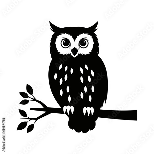 Black owl silhouette perched on a branch isolated on white background