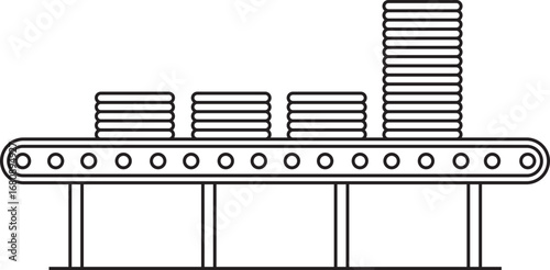 Conveyor belt icon in line style. Industrial production symbol, manufacturing factory automation equipment illustration, logistics machinery process vector design isolated on transparent background.