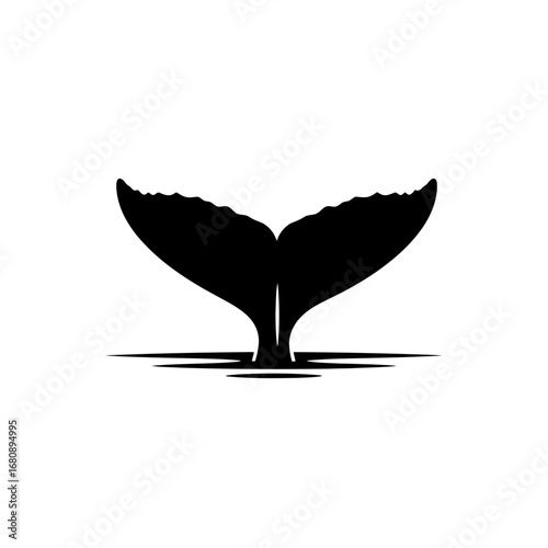 Black whale tail silhouette diving into water isolated on white background silhouette