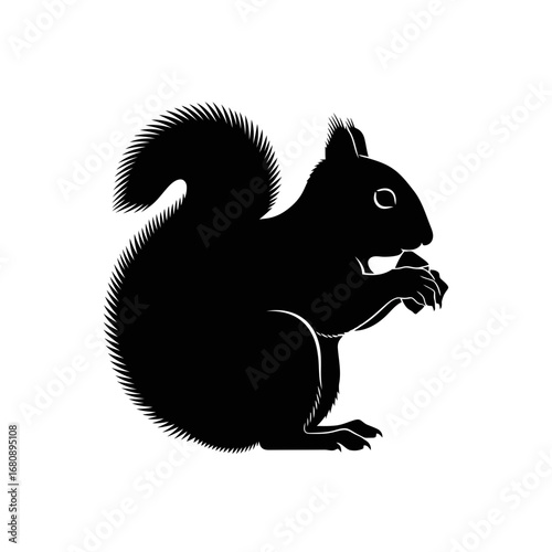 Black squirrel silhouette eating a nut isolated on white background