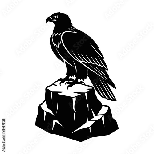 Eagle perched on a rocky outcrop silhouette isolated on white background