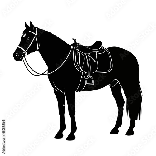 Black horse with saddle silhouette isolated on white background