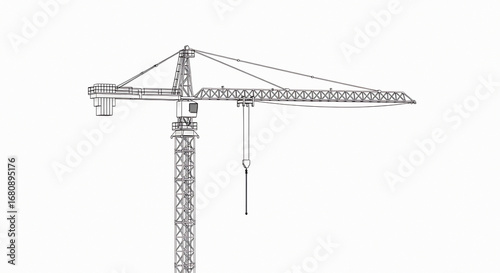 A detailed line drawing of a towering construction crane showcasing its intricate lattice structure and long jib arm against a stark white background symbolizing industry and progress