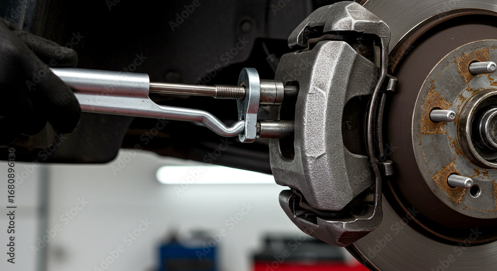 Fototapeta premium Compressing Brake Caliper Piston with Tool During Pad Replacement