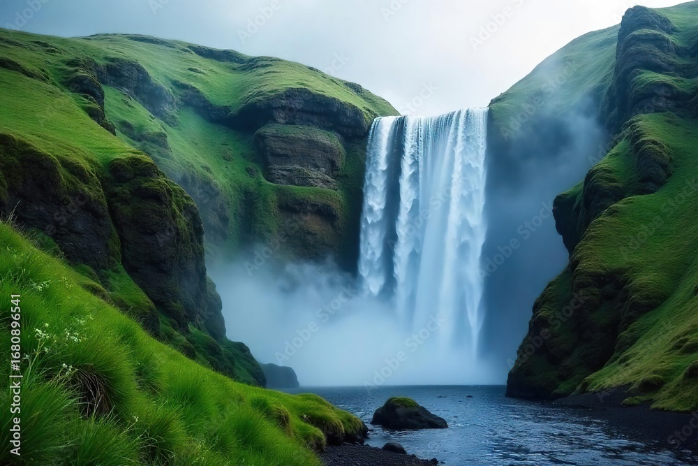 Naklejka premium Serene cascading waterfall tumbling down lush green hills, creating a misty, ethereal atmosphere Perfect for travel, nature, and environmental themes , rocks, view