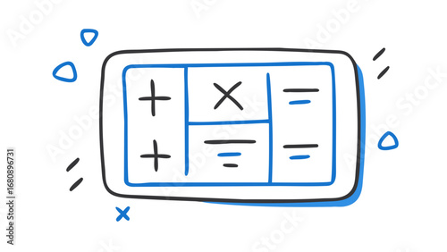Blue and gray doodle grid with plus and minus symbols