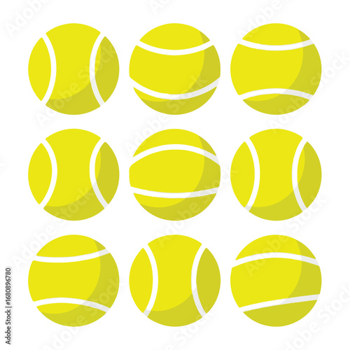 Nine bright yellow tennis balls arranged in a grid pattern on a white background