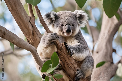 Koala gripping a eucalyptus tree trunk with sharp claws, looking directly at the camera, detailed fur and natural daylight in an Australian forest wildlife scene