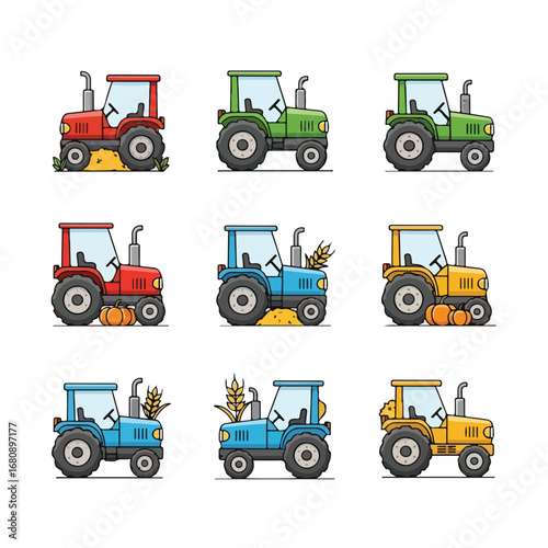 Collection of nine colorful cartoon tractors in various farm settings with happy faces