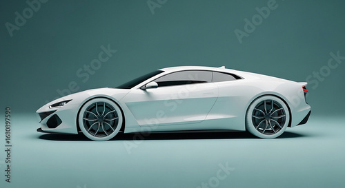Sleek white sports car with intricate wheel design parked on a minimalist teal background showcasing its aerodynamic profile and modern automotive styling