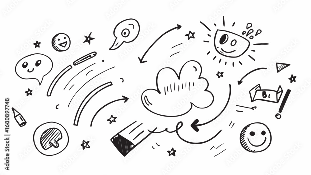 Fototapeta premium Cheerful doodles with sun and speech bubbles drawing