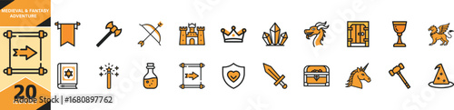 Medieval fantasy game icons set for adventure and quests vector