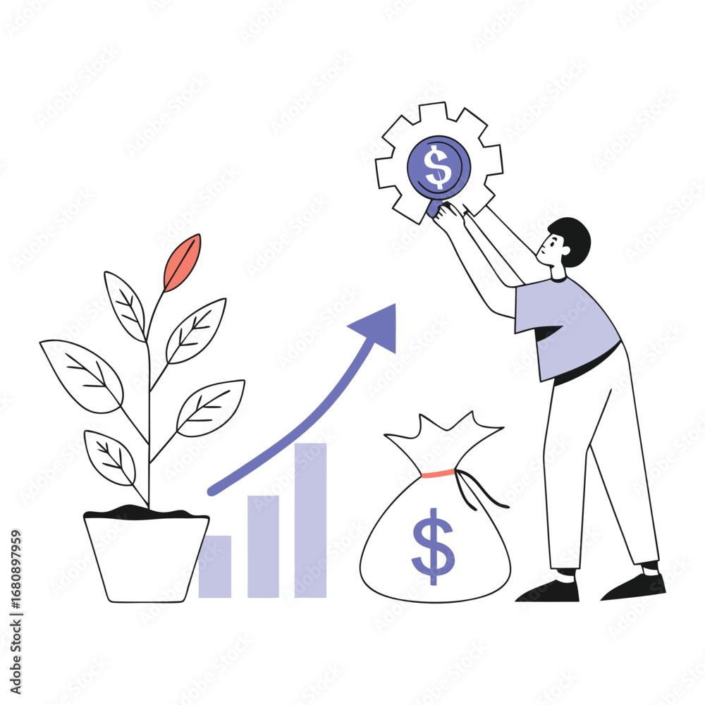 Naklejka premium Startup success concept person achieving growth and financial reward with rising plant and money bag