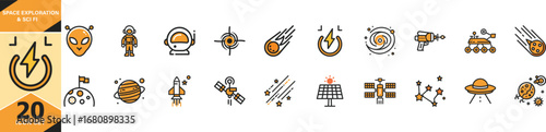 Iconography collection representing space exploration and science fiction themes vector
