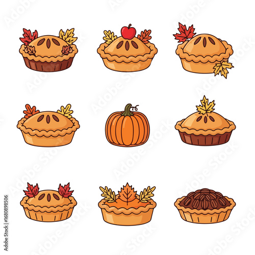 Collection of nine festive autumn pies and a pumpkin decorated with fall leaves and fruits