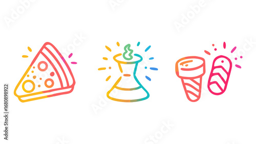 Colorful food and celebration icons pizza slice ice cream cone