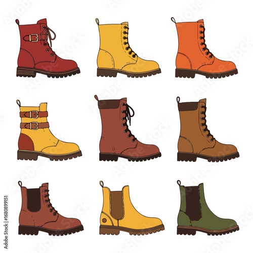 Collection of nine different styles of sturdy leather boots in various colors and designs