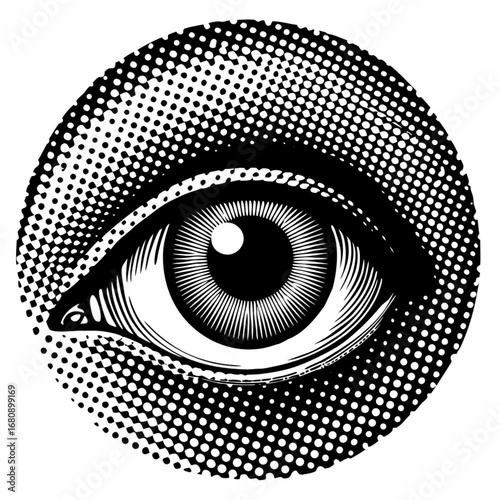 Minimilist close up of a detailed eye with halftone pattern in a circular shape black and white illustration vector