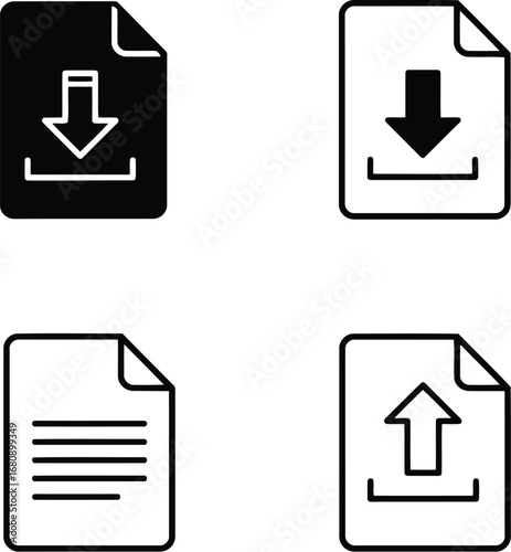 Download upload document icons black white line art