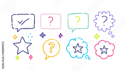 Colorful speech bubbles and stars question marks checkmark