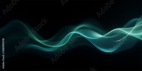Abstract design with flowing blue smoke and light waves on a black background