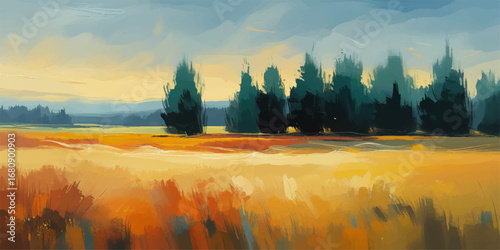 An autumnal scenic view of a misty sunrise over a peaceful forest, mountains, and river