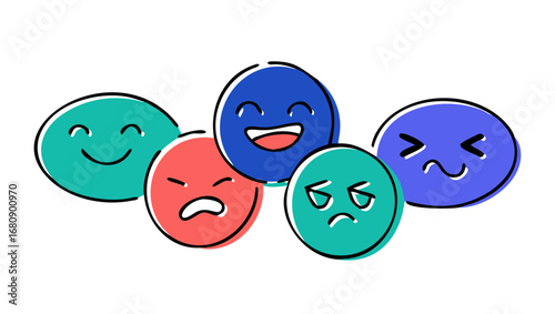 Diverse cartoon faces with expressive emotions happy