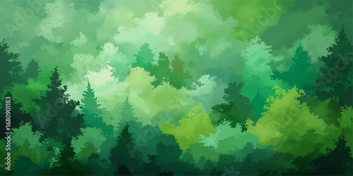 Vibrant abstract green watercolor texture evokes the feeling of a bright summer forest with light-drenched leaves and blue sky