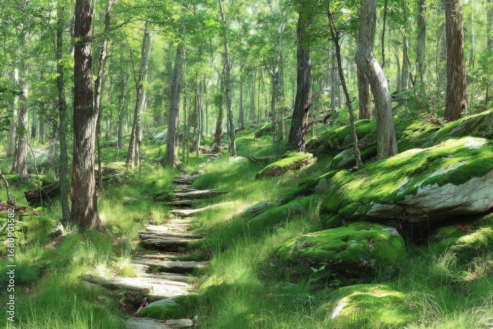 Obraz premium Sunlit forest path with mossy rocks