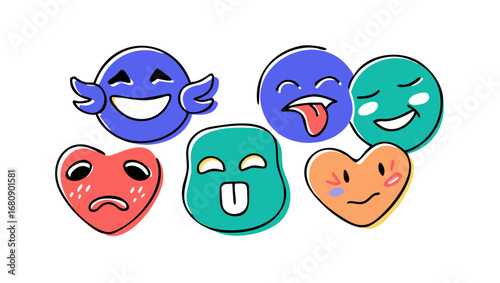 Expressive doodle faces and hearts cartoon