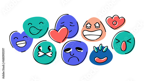 Expressive doodle faces and heart emoji emotions