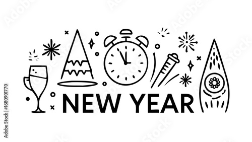 Festive New Year Celebration Icons fireworks clock
