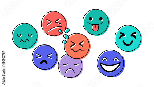 Hand drawn emoji faces expressing various emotions