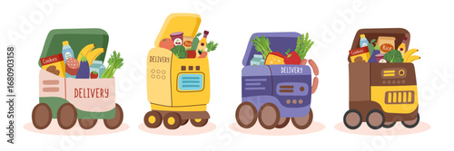 Set of robot delivery cliparts isolated on white. Food delivery, technology, robotics, innovation concepts. Vector flat hand drawn illustration.
