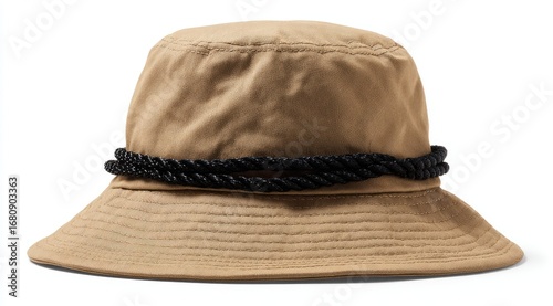 Tan bucket hat with black rope band