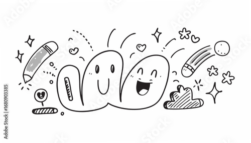 Happy doodle characters with pencils and stars cartoon